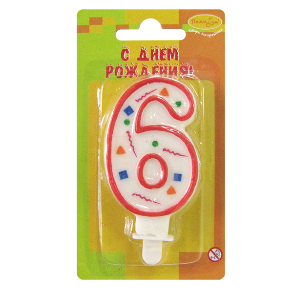 товары для праздника, свечи для торта, W Свеча Цифра 6 Красное Конфетти