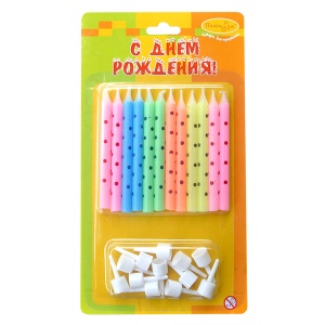 товары для праздника, свечи для торта, MC Свечи В горошек ассорти 12шт с держателями 6 см