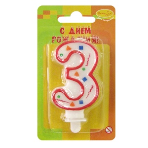 товары для праздника, свечи для торта, W Свеча Цифра 3 Красное Конфетти