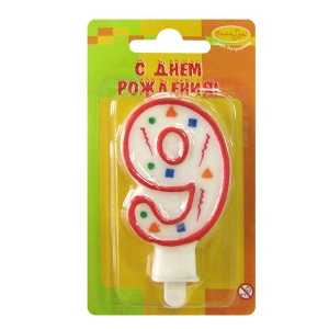 товары для праздника, свечи для торта, W Свеча Цифра 9 Красное Конфетти