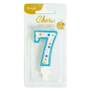 товары для праздника, свечи для торта, W Свеча Цифра 7 Голубое Конфетти