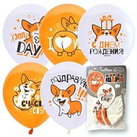 Воздушные шары WHITE&ORANGE 1ст. 2цв. рис. Корги СДР 5 шт 12"/30см
