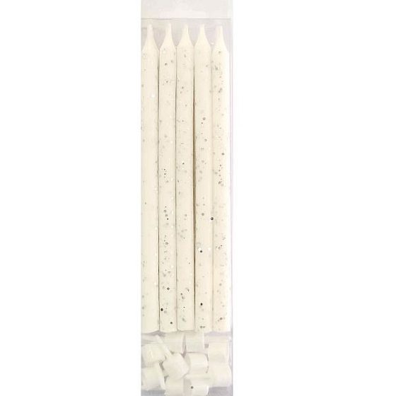 MС Свечи Белые с блестками с держателями 10шт 12см