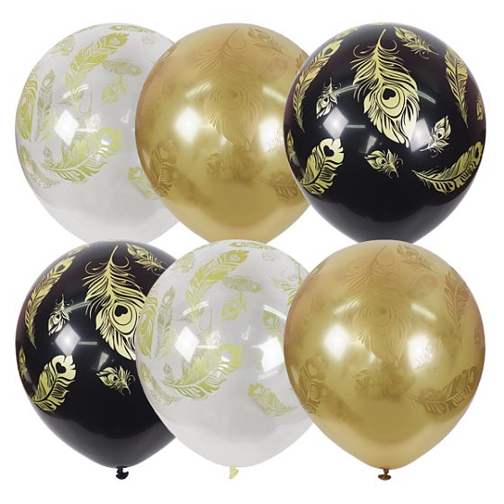 MP 12"/30см BLACK & GOLD & TRANSPARENT (шелк) 5 ст. рис Перо Павлина 25шт