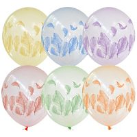 Воздушные шары Кристалл Bubble ассорти рис. Перья 25шт 12"/30см
