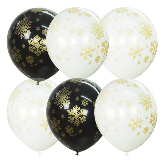 MP 12"/30см BLACK & WHITE & TRANSPARENT (шелк) 5 ст. рис Снежинки золотые 25шт