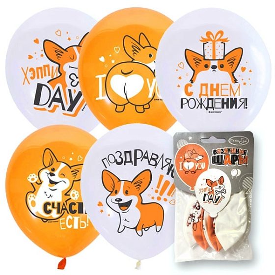 M 12"/30см Набор шаров WHITE&ORANGE 1 ст. 2 цв. рис. Корги СДР 5шт