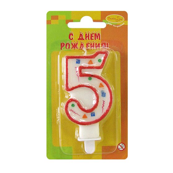 товары для праздника, свечи для торта, W Свеча Цифра 5 Красное Конфетти